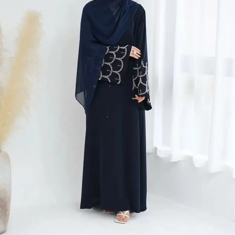 Twin Garb Solid Open Abaya Navy Blue Maxi Dress with Silver Embellished Sleeves Soft Nida Fabric Flowy Silhouette All-Season ...