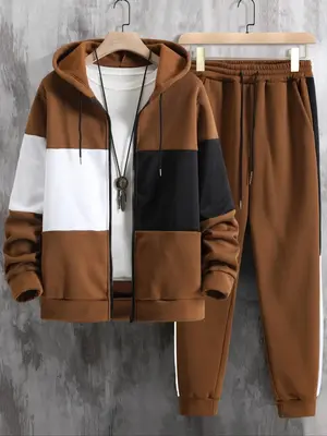 Two-piece Set Menswear Colorblock Zip Up Lounge Co-ord Set without Tee & Necklace,  Going Out Outfit, Long Sleeve Full-zip Ho...