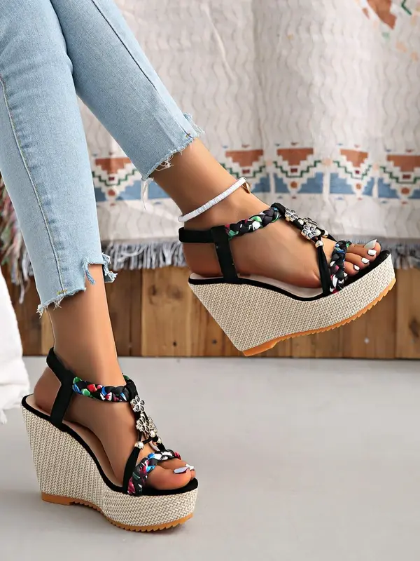 Women's Fashionable Floral Design Wedge Sandals, Boho Style Platform Sandals for Beach Vacation, All-match Commuter Shoes for...