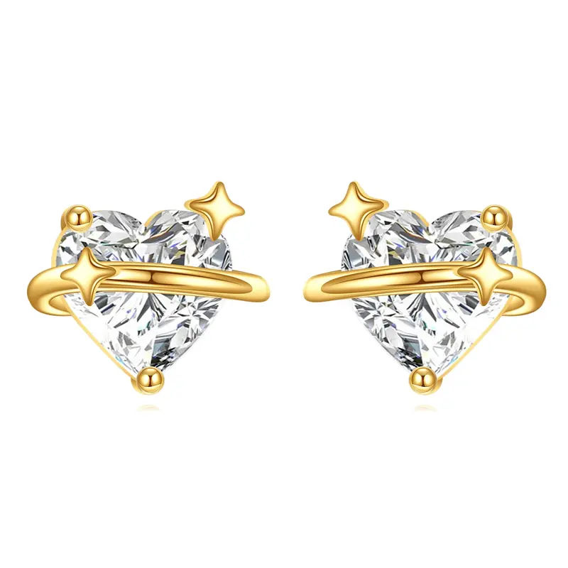 14K Gold Moissanite Heart & Star Stud Earrings