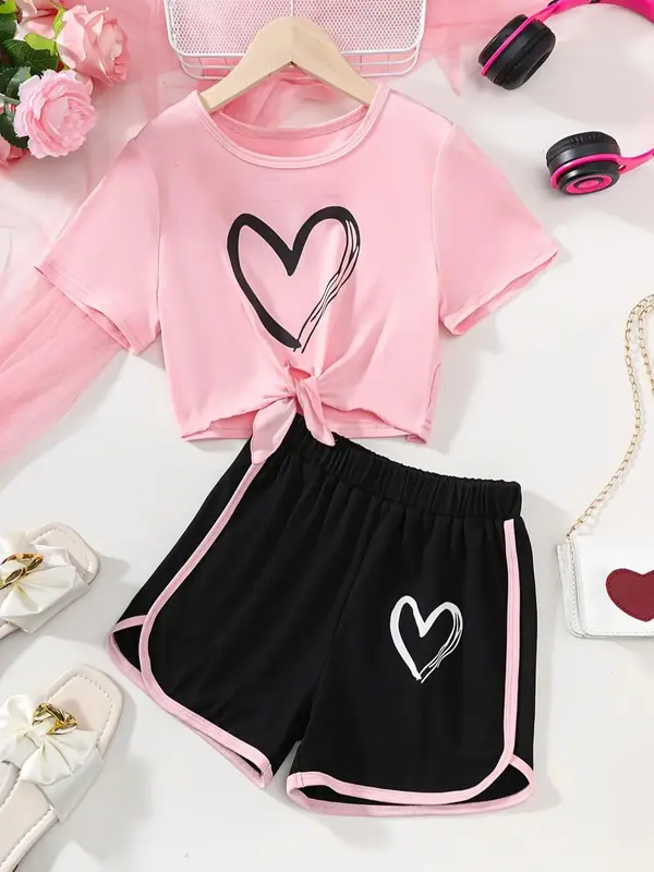 Girl's Heart Print Knot Tee & Contrast Binding Shorts Two-Piece Set, Casual Short Sleeve T-shirt & Shorts for Summer, Kids C...
