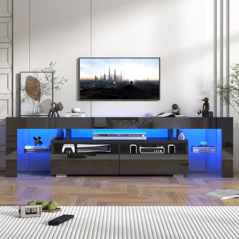 TV Stand with 16 Color LED Lights, Media Console with Drawer and Glass Open Shelf for 65/75/85/90/100 inch TV, Modern Gloss E...