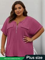 【Plus Size】 Solid Half Zipper Pocket Ribbed Tee, Casual Half Sleeve T-shirt for Spring, Women's Clothing for Daily Wear, ...