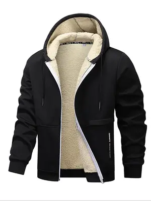 Men's Regular Fit Solid Pocket Drawstring Zipper Hooded Fleece Jacket, Casual Long Sleeve Thermal Lined Outerwear for Winter...