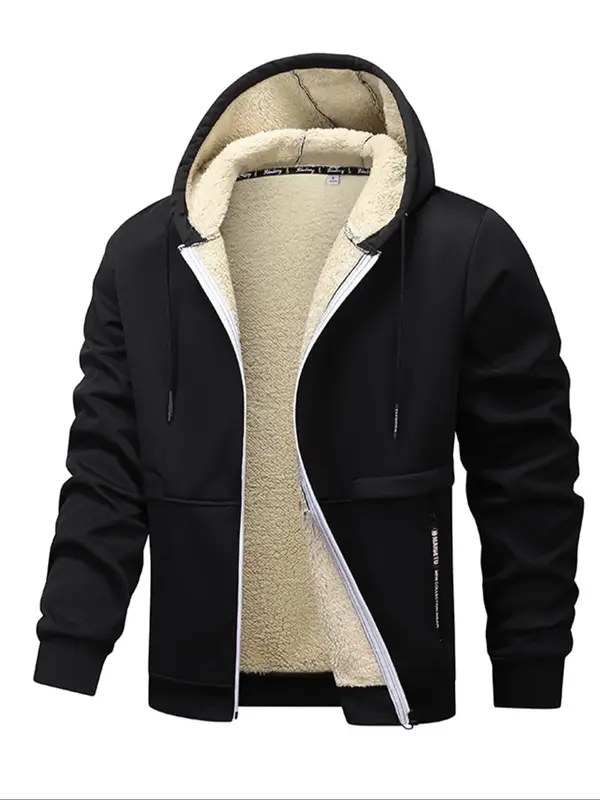 Men's Regular Fit Solid Pocket Drawstring Zipper Hooded Fleece Jacket, Casual Long Sleeve Thermal Lined Outerwear for Winter...