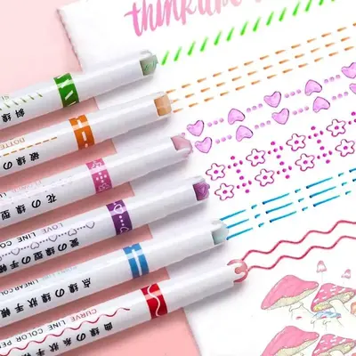 6pcs Lace Curve Pen, Roller Print Curve Highlighter Pen, Flower Outline Pen Wavy Line Graffiti Pens