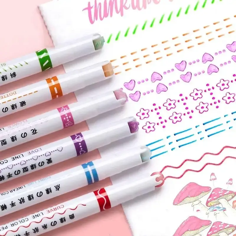6pcs Lace Curve Pen, Roller Print Curve Highlighter Pen, Flower Outline Pen Wavy Line Graffiti Pens