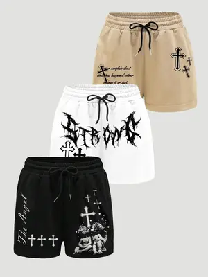 Men's Cross Graphic Print Pocket Drawstring Waist Shorts, Regular FitĀ Casual Comfy Shorts, Men's Summer Bottoms for Daily We...