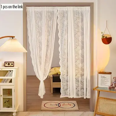 Floral Pattern Lace Curtain, 1 Count Punch Free Velcro Installation Hollow Out Curtain For Kitchen Cafe Bedroom Living Room