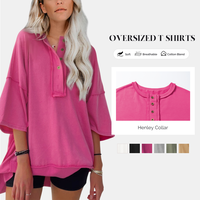 Shewin 2025 Summer Women's Fashion Oversized T Shirts Casual Short Sleeve Sweatshirt Button Down Henley Neck Summer Tops Tees