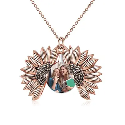 Sterling Silver Two-tone Sunflower Engraved Personalized Photo Locket Necklace for Women