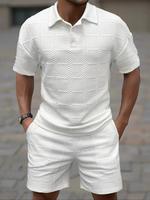 Two-piece Set Men's Solid Knit Jacquard Short Sleeve Top & Shorts, Casual Summer Clothes Set for Men, Clothing
