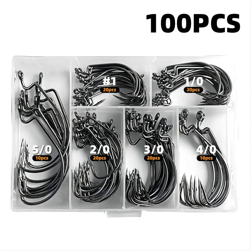 Stainless Steel Fishing Hooks, 100pcs Wide Gap 2X Strong Senko Bait Texas Rig Jig Fish Hooks for Bass Trout Saltwater Freshwa...