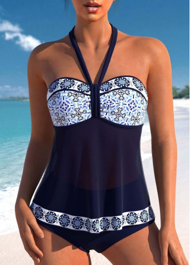 Modlily Patchwork Mid Waisted Geometric Print Navy Tankini Set - XXL