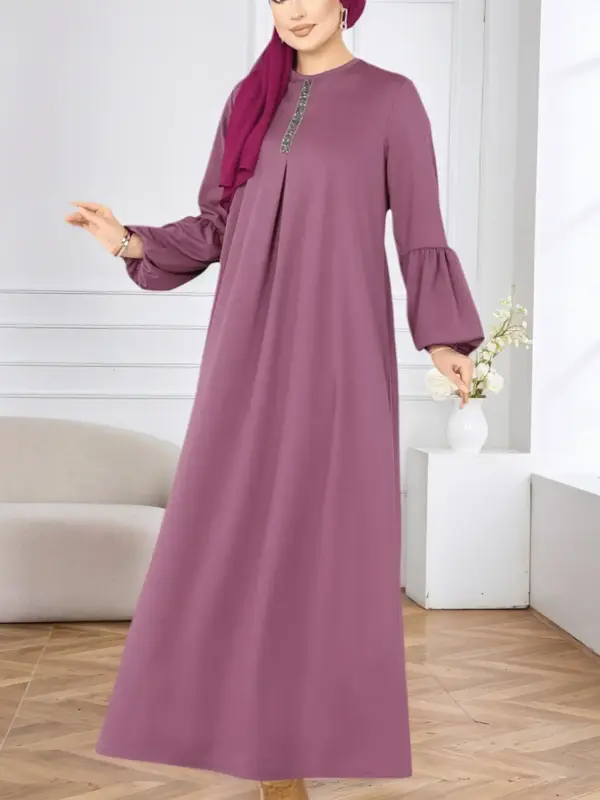 Elegant Women's Lantern Sleeve Round Neck Loose-Fit Casual Dress, All Seasons Woven Fabric Plain Pattern Moderate Thickening