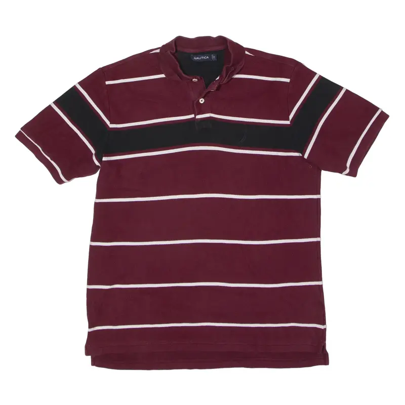 NAUTICA Polo Shirt Maroon Striped Short Sleeve Mens M