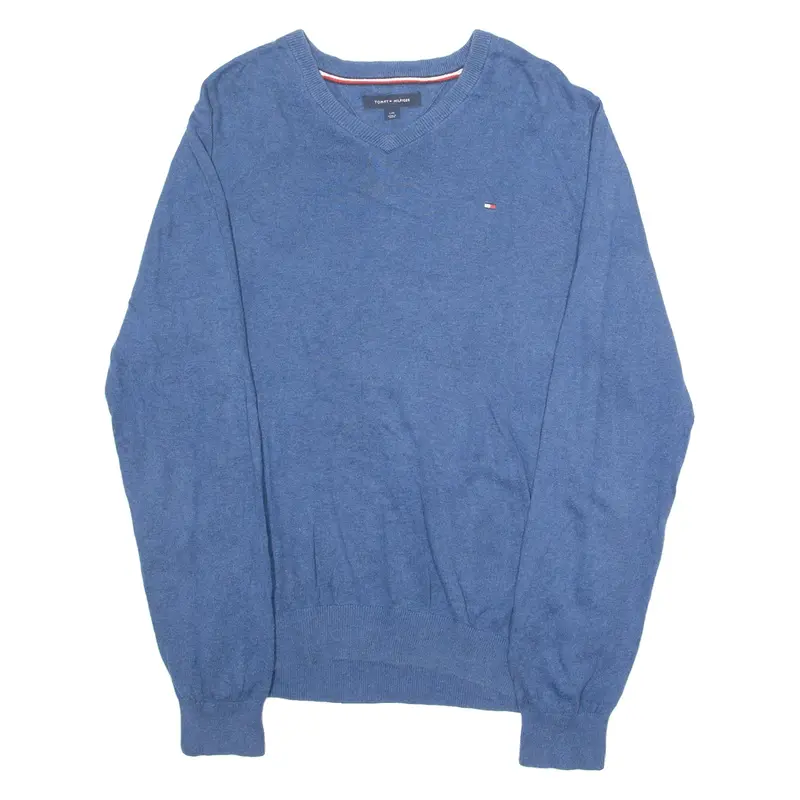 TOMMY HILFIGER Mens Jumper Blue V-Neck Tight Knit L