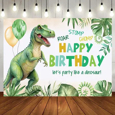 Aperturee Roar Chomp Dinosuar Green Leaves Birthday Backdrop