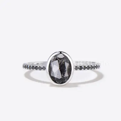 Bezel Set Oval Cut Natural Salt and Pepper Diamond Engagement Ring