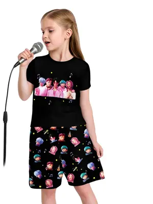 K-Pop Demon Hunters Saja Boys Print Short Sleeve Shorts Set, Cute Casual Role Play for Girls, All Seasons Fitted Style