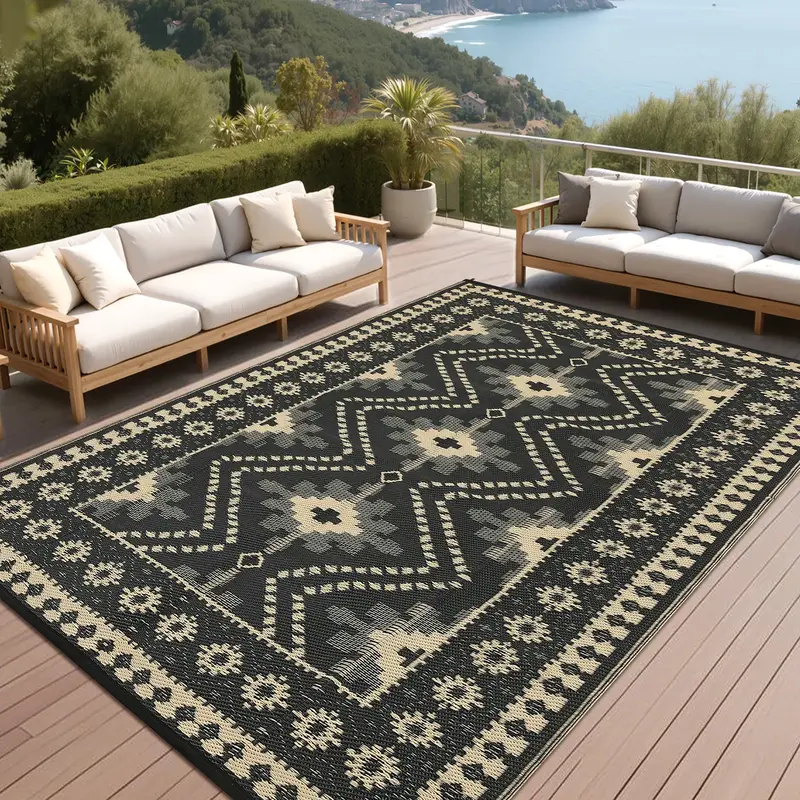 Garvee Reversible Outdoor Plastic Straw Rug – Waterproof, UV Resistant Patio Carpet – Easy Clean Geometric Area Mat for B...