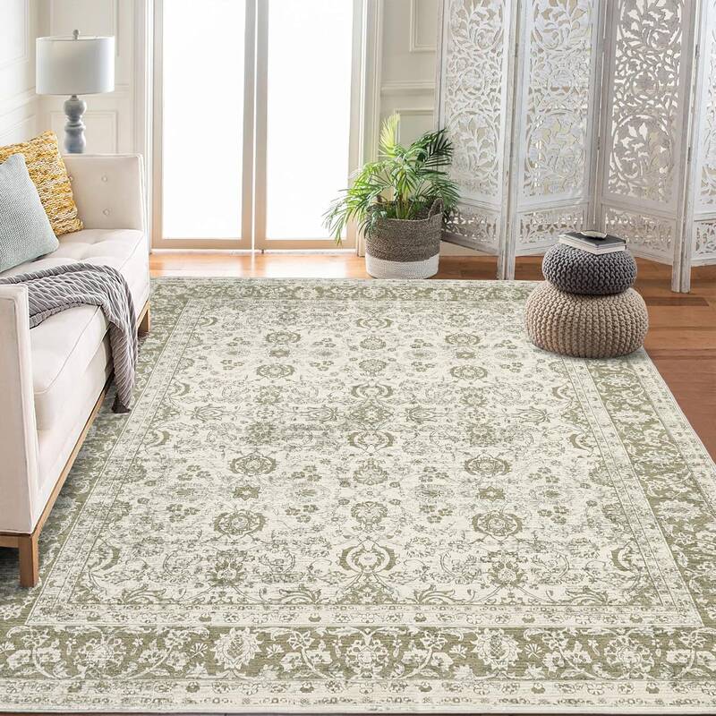 Garvee Area Rugs Beige 8x10 Washable Vintage Floral Rug Non Slip Low Pile Large Rug for Living Room Bedroom Dining Room Kids ...