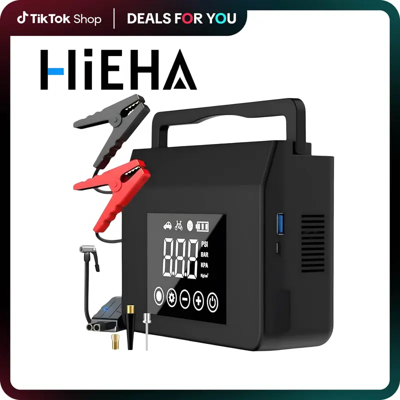 【Hieha】4000A Car Jump Starter with Air Compressor 150PSI Tire Inflator 12V Power Bank 15000mAh LED Light Type-C Quick Cha...