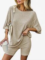 Women's Solid Loungewear Set, Comfy Round Neck Half Sleeve T-shirt & Shorts Pj Set, Ladies Sleepwear for All Seasons, Ribbed ...