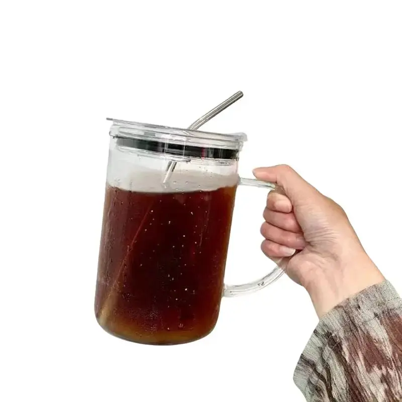 1000ml Clear Glass Cup with Lid & Straw, 1 Count Large Capacity Drinking Coffee Cup with Handle, Drinkware for Home Office Us...