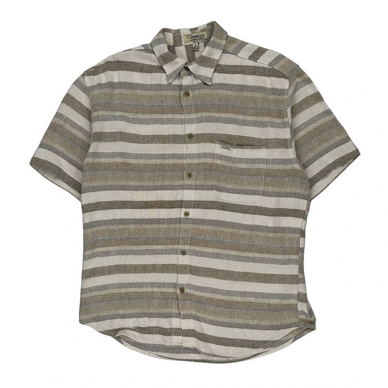 Guess Striped Short Sleeve Shirt - Medium Beige Linen Blend | Size: medium