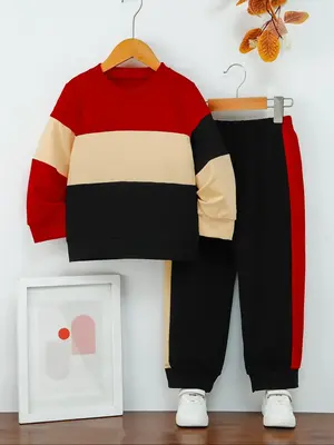 Two-Piece Set Boy's Colorblock Sweatshirt & Pants Set, Casual Round Neck Long Sleeve Pullover & Jogger Pants for Spring & Fal...