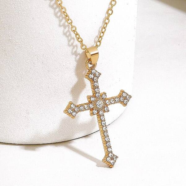Alloy Full Crystal Rhinestone Religion Cross Pendant Cable Chain Necklaces for Women