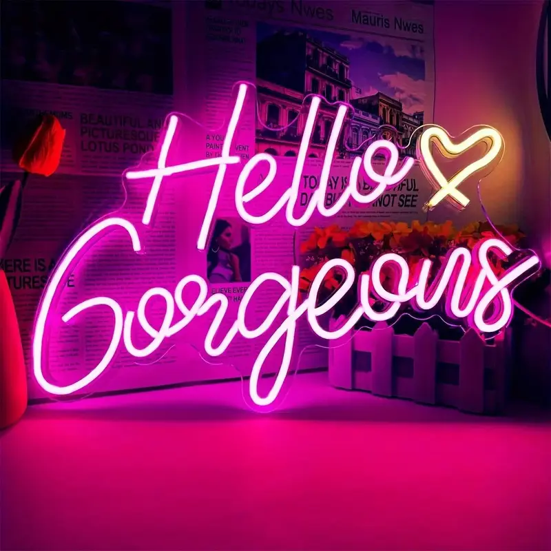 Hello Gorgeous Letter Neon Sign, USB Powered LED Neon Sign with Dimmer Switch, Neon Sign for Birthday Engagement Party Weddin...