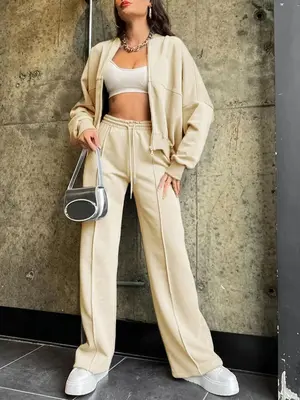 Women's Solid Drop Shoulder Zip Up Jacket & Drawstring Pocket Pants Two-Piece Set, Casual Fashion Cozy Breathable Two Piece...