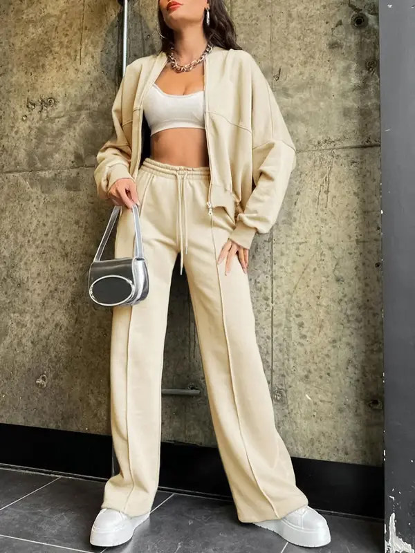 Women's Solid Drop Shoulder Zip Up Jacket & Drawstring Pocket Pants Two-Piece Set, Casual Fashion Cozy Breathable Two Piece...