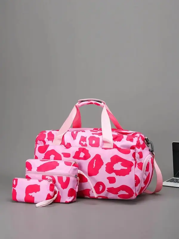 Casual Leopard Print Travel Bag Set, 2024 New Trendy All Over Print Lightweight Large Capacity Travel Bag Set, Including Trav...