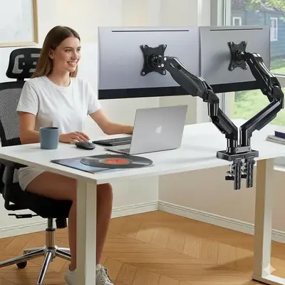 Dual Monitor Stand for 13‘’–32‘’ Screens, Each Arm Holds 4.4–19.8 lbs – HUANUO Fully Adjustable Desk Mount with...
