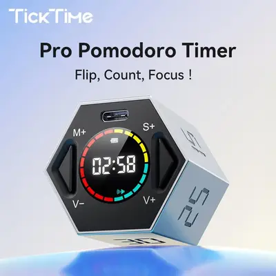 Ticktime Pomodoro Timer Cube, Productivity Timer, Pause & Resume, Silent & Adjustable Sound Alert, for ADHD, Task, Work, Stud...