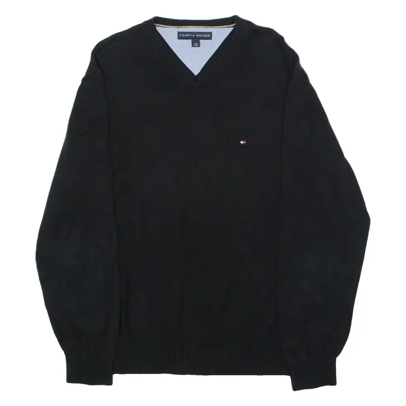 TOMMY HILFIGER Mens Jumper Black V-Neck Tight Knit L