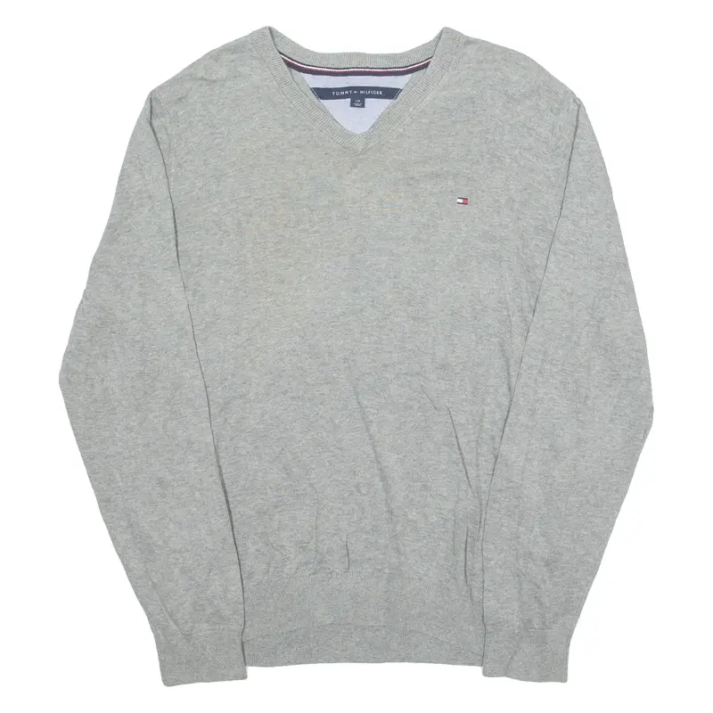 TOMMY HILFIGER Mens Jumper Grey V-Neck Tight Knit L