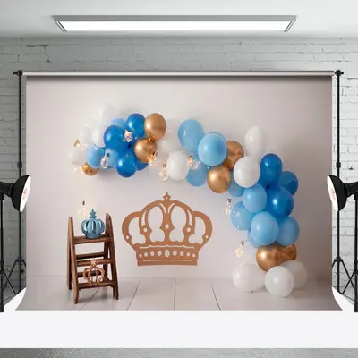 Crown White Gold Blue Balloons Cake Smash Backdrop - Aperturee