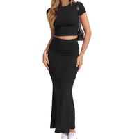 CHYRII Women 2-Piece Skirt Set Casual Knit Short Crew Neck Top & Elastic Waist Swing Midi Skirt Comfortable Breathable Clothi...