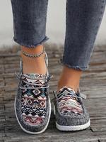 Women's Summer Fashionable Ethnic Pattern Lace Up Front Canvas Shoes, Flat Sneakers, Casual Comfortable Low Top Outdoor Shoes...