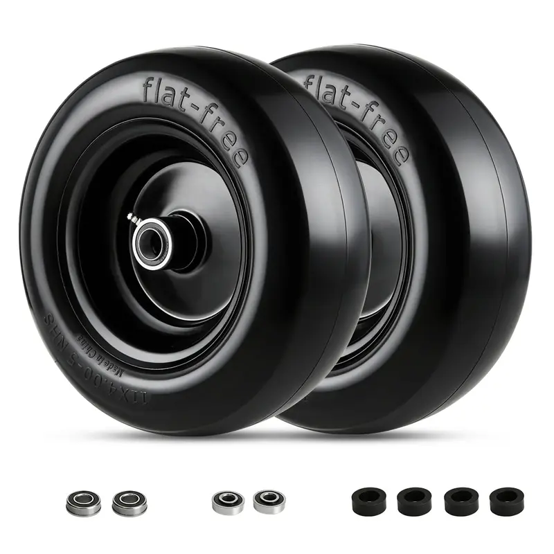 Garvee 11x4.00-5 Flat Free Lawn Mower Tire and Wheel with 3/4 Bushing, 299 LBS Capacity, PU Foam, 3.4 Hub, 5/8 1/2 Adapte...