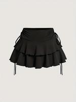 Women's Solid Lettuce Trim Tiered Layer Ruffle Hem Skirt, Elegant Tie Side Mini Skirt, Skirts for Women, Women's Bottoms for ...