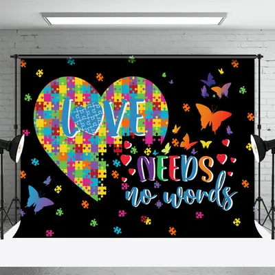 Love Needs No Words Heart Puzzle Autism Backdrop - Aperturee