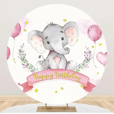 Pink Balloon Star Elephant Round Birthday Backdrop - Aperturee