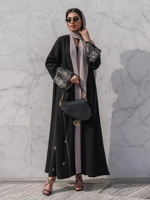 Women's Ethnic Pattern Embroidery Long Sleeve Abaya, Modest Kimono Sleeve Open Front Long Abaya for Party, Women's Islamic Cl...