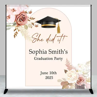 White Floral Bachelor Cap Custom Grad Party Backdrop - Aperturee