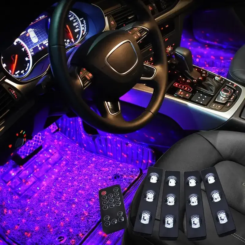 Car USB Foot Full Earth Star LED Ambient Light with Remote Control, 1 Set Car Interior Seven Colors Sound Control Star Atmosp...